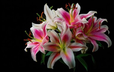 Fototapeta premium Lush bouquet of pink and white lilies with prominent stamens on a stark black background