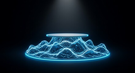Futuristic glowing blue podium with abstract terrain and spotlight on black background for commercial usage and mockups