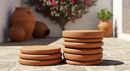 Terracotta pottery display stands on a stone floor with flowers and plants in the background for commercial usage and mockups