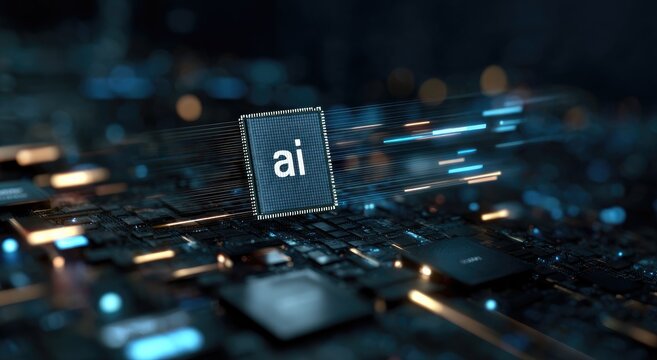 Close-up of a circuit board with a central processor featuring "ai", and blue light trails - Powered by Adobe