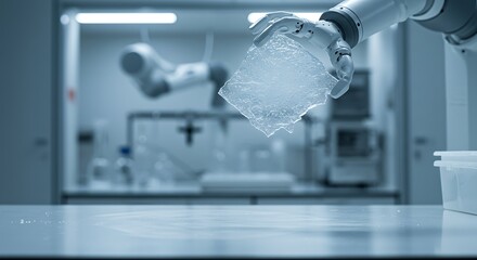 Robotic arm holding a piece of ice in a laboratory setting, science and technology concept for commercial usage and mockups