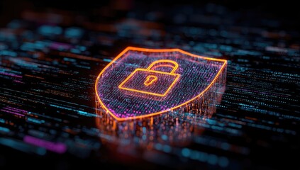 Glowing digital shield with a padlock, surrounded by floating data and light trails