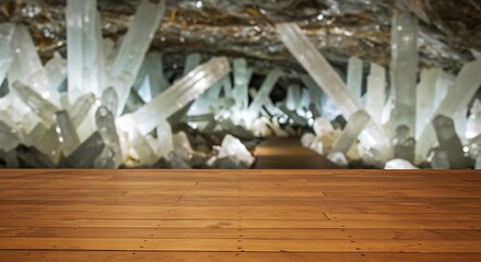 Giant gypsum crystals in a cave, a natural wonder of the world, with a wooden floor in the foreground for commercial usage and mockups