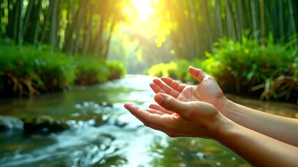 Hands hold flowing water in lush green forest sunlight. - Powered by Adobe