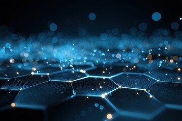 Abstract macro view of a honeycomb-like structure emitting blue and yellow glowing particles