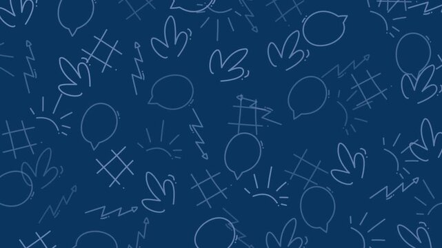 Animated seamless pattern with hand-drawn speech bubbles, lightning bolts, sun rays, and abstract symbols in blue tones on a dark navy background. Ideal for social media motion graphic