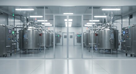 Modern industrial laboratory with multiple large stainless steel fermentation tanks for commercial usage and mockups