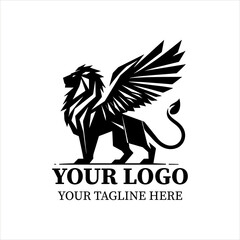 Obraz premium Griffin Guardian Logo Vector – Black and White Minimalist Silhouette of Majestic Mythical Creature with Eagle Wings and Lion Body, Flat 2D Emblem for Branding.