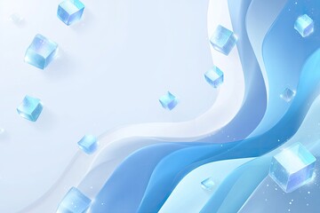 Abstract composition features stylized, flowing blue shapes and floating translucent cubes