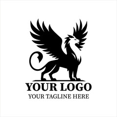 Fototapeta premium Griffin Guardian Logo Vector – Black and White Minimalist Silhouette of Majestic Mythical Creature with Eagle Wings and Lion Body, Flat 2D Emblem for Branding.
