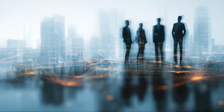 Silhouettes of business people over a futuristic city with connecting lines and soft focus effect