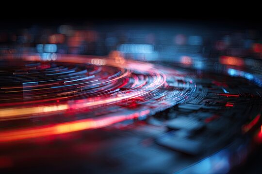 Abstract circular composition with blurred streaks of red, orange and blue light on a dark background