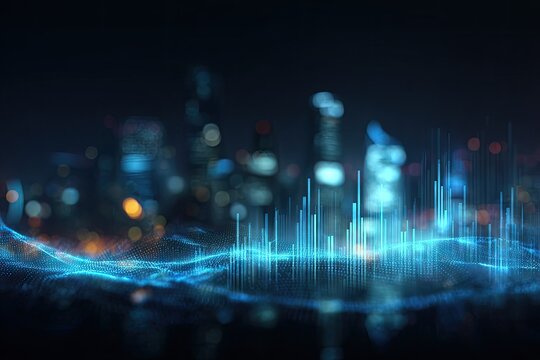 Nighttime cityscape with glowing blue digital data visualizations overlayed, modern technology focus
