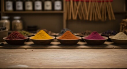 A vibrant display of colorful spices in small bowls arranged on a wooden surface for commercial usage and mockups
