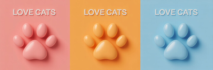 Three pastel colored paw prints with the words love cats above them, representing a love for felines