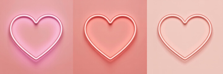 Three neon heart shapes in shades of pink and coral, glowing with soft light against a pastel pink background, symbolizing love and romance