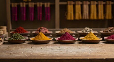 Colorful piles of ground spices and herbs arranged on a wooden table for commercial usage and mockups