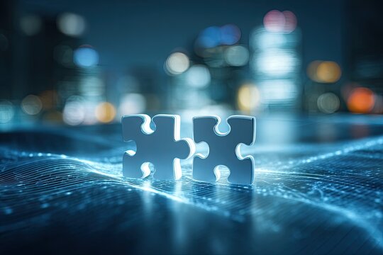 Two puzzle pieces stand, glowing, with city lights blurred in the distance; a digital effect