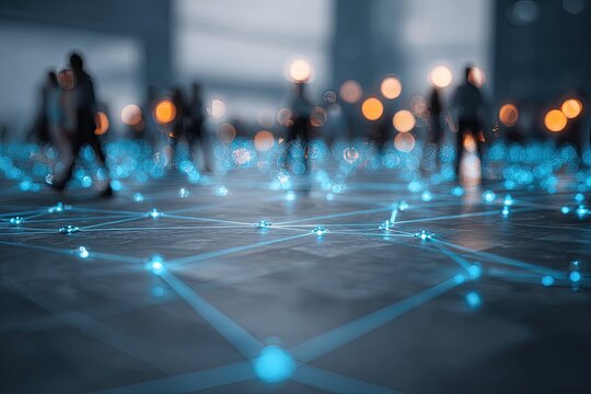 Abstract image showing blurred figures with a grid of glowing blue light