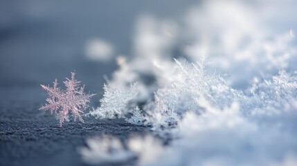 Delicate natural snowflakes resting on fresh white snow in winter, macro close-up capturing intricate ice crystal patterns and frost details in a peaceful cold seasonal landscape background