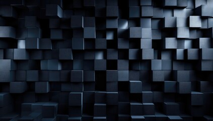 An abstract wall featuring a collection of varying-sized, textured, dark blue 3D cubes