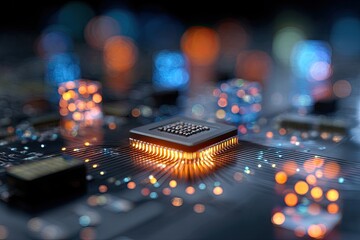 Electronic circuit design with a central processing unit illuminated by orange and blue light