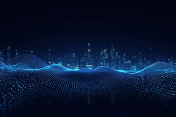 Abstract digital wave with cityscape in background, illuminated with glowing blue dots