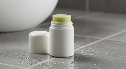 Natural solid deodorant stick with green balm on a tiled bathroom surface with water droplets for commercial usage and mockups
