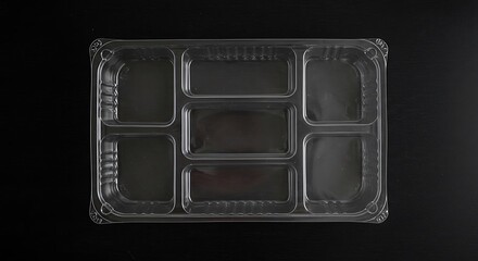 Empty clear plastic bento box with seven compartments on a black background for commercial usage and mockups
