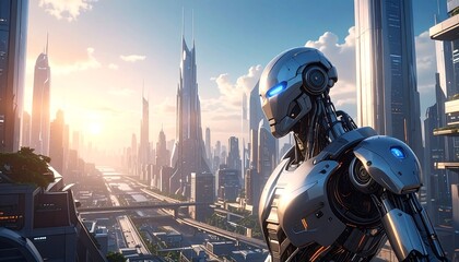Fototapeta premium Sleek metallic robot overlooking a sprawling futuristic cityscape, bathed in warm sunlight and filled with modern architecture