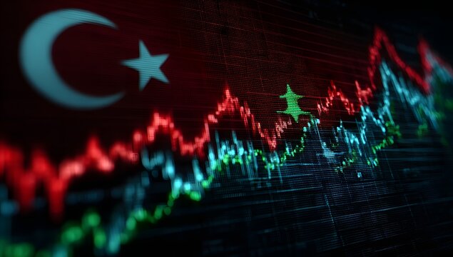 Turkish financial market trends displayed on a red flag background with a crescent moon and star symbol - Powered by Adobe