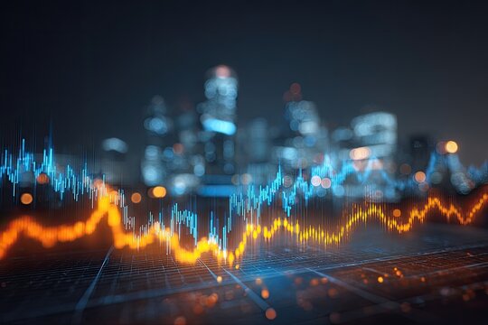 A cityscape at night overlaid with glowing orange and blue financial data charts