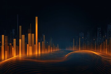 Abstract cityscape featuring glowing orange data bars, lines, and a distant cityscape silhouette