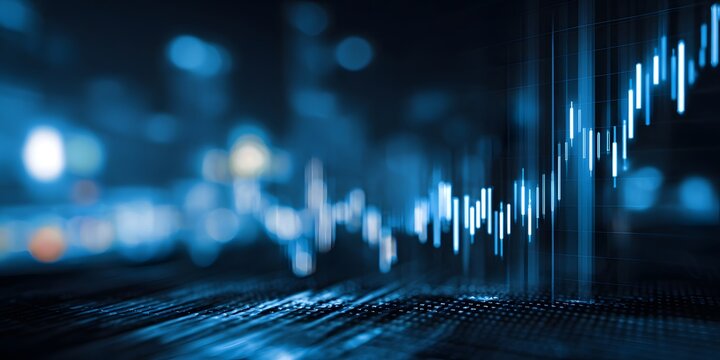 Abstract digital financial market chart with upward trend and bokeh lights in a futuristic cityscape setting