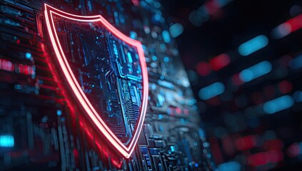 Futuristic rendering with a glowing red shield on a circuit board background. Blurry