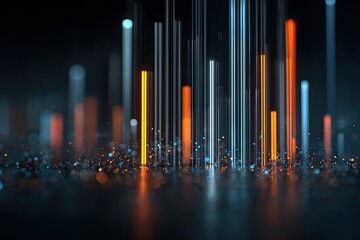 Abstract digital data visualization showing colorful vertical lines and bokeh against a dark background