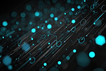 Futuristic digital design with turquoise bokeh and hexagon elements on a dark background