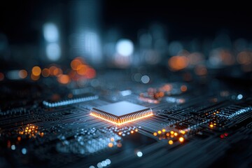 A close-up showcasing a microchip on a circuit board with blurred city lights in the background