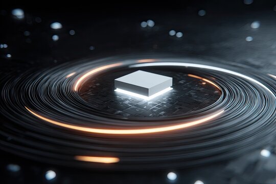 Square chip floats above swirling, illuminated lines on a textured dark surface with bokeh lights