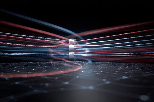 A central column surrounded by red and blue light trails against a dark, interconnected backdrop - Powered by Adobe