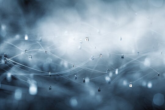 Abstract digital network with floating security locks connected by flowing lines in a light-blue hue - Powered by Adobe