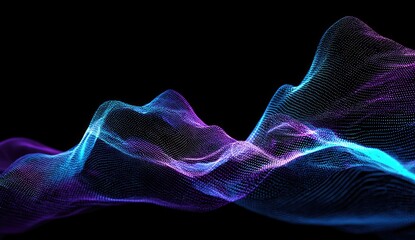 Abstract digital landscape created with a series of glowing, interconnected particles on black