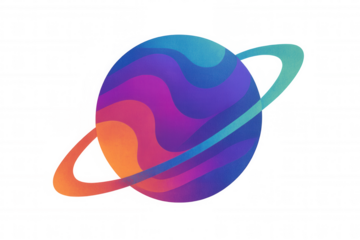 Abstract planet with vibrant gradient waves and colorful rings floating in outer space, transparent background