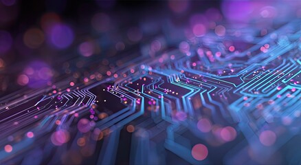 Intricate closeup of a futuristic electronic circuit board, with bokeh effects and vibrant blue and purple hues