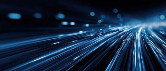 A vibrant abstract visual of moving light streaks in shades of blue, creating an illusion of high speed