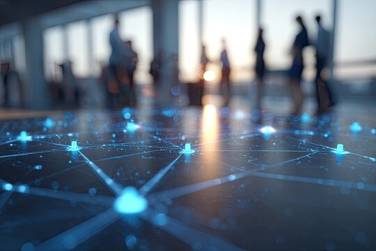 Blurry businesspeople in a modern office meet over an illuminated tech surface