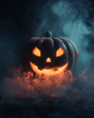 Eerie Jack O Lantern Surrounded by Thick Orange and Blue Fog