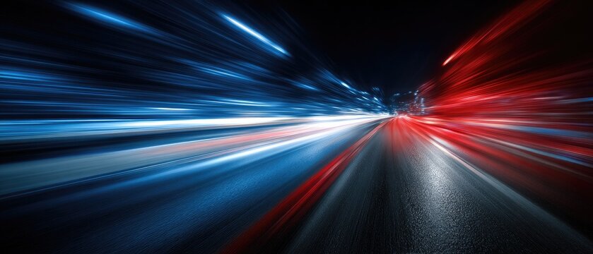 A long exposure of a road at night, streaks of blue and red light blend across the frame