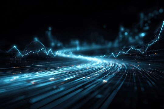 Futuristic digital illustration of data streams and an upward trending stock graph