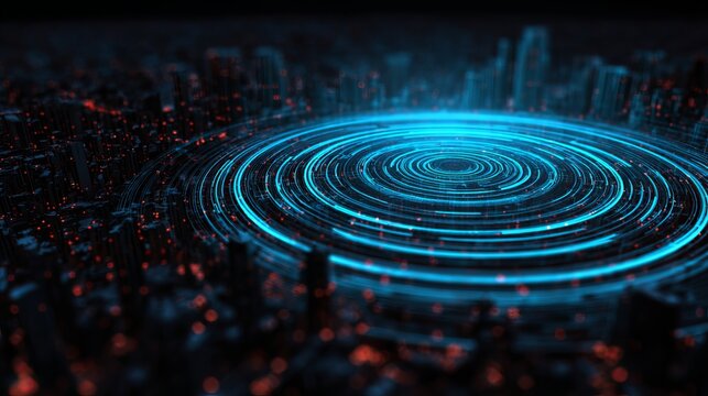 Dynamic digital data stream flows through futuristic cityscape, representing global connectivity and advanced technology concepts.